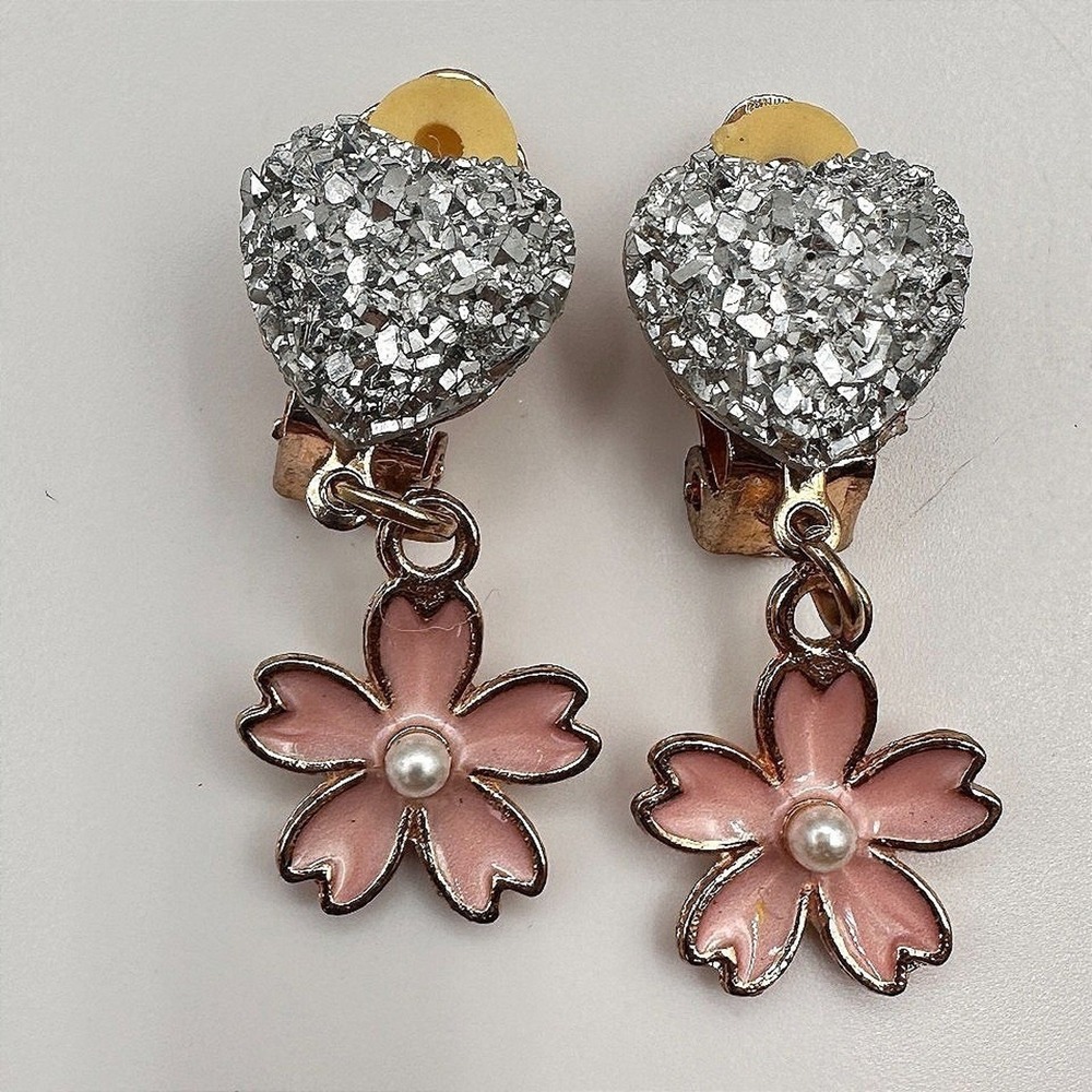 Vintage 90s Pink Enamel Floral Heart Dangle Earrings Gold Tone Women's Jewelry